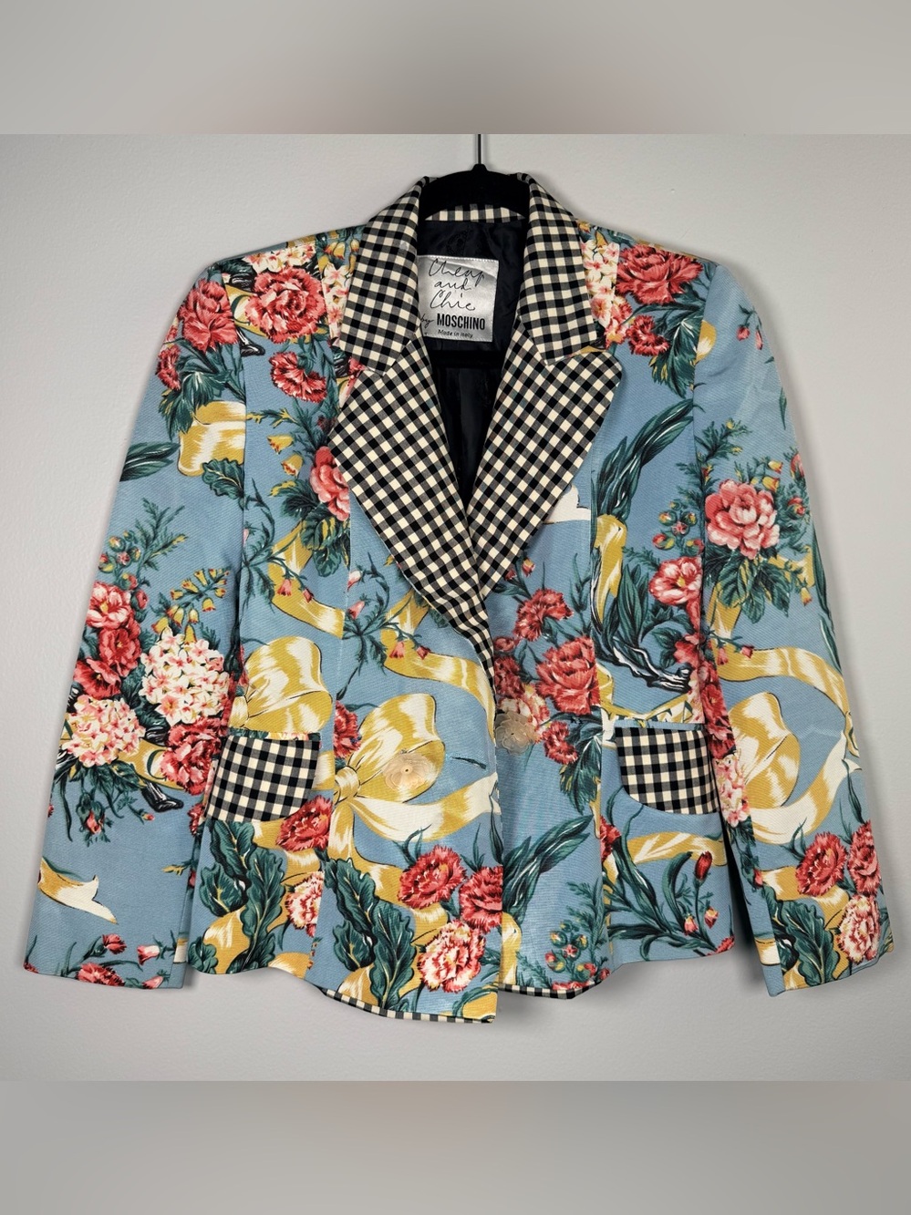 VTG Moschino Cheap and Chic blazer 4 Floral Gingham light blue blossom button